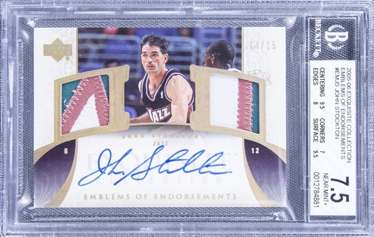 2005-06 UD "Exquisite Collection" Emblems of Endorsements #EMJS John Stockton Signed Game Used Patch Card (#14/15) - BGS NM+ 7.5/BGS 10